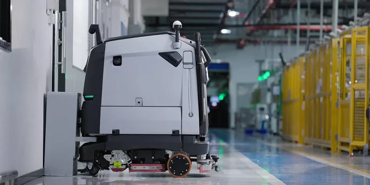 Depoda zemin yıkayan Pudu BG1 temizlik robotu